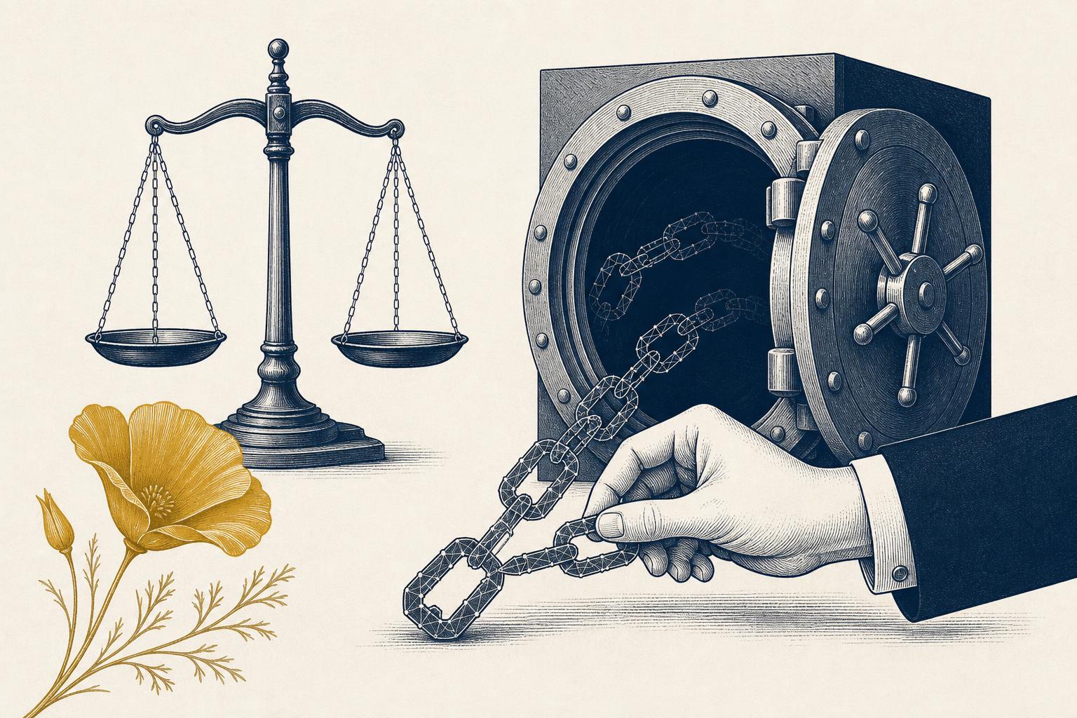 Editorial illustration of law enforcement seizing digital assets from a vault beside a scale of justice