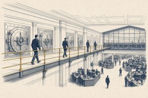 Editorial illustration of a formal trading floor with a gold-railed walkway running from a row of vault doors toward a glass exchange atrium, suggesting collateral moving securely between custodian and exchange.