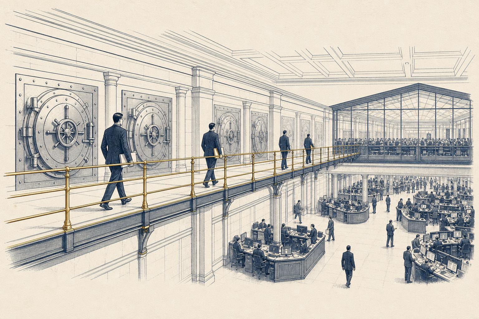 Editorial illustration of a formal trading floor with a gold-railed walkway running from a row of vault doors toward a glass exchange atrium, suggesting collateral moving securely between custodian and exchange.