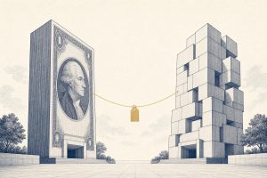 Editorial illustration of two towers linked by a gold thread over a plaza, suggesting a discounted equity deal