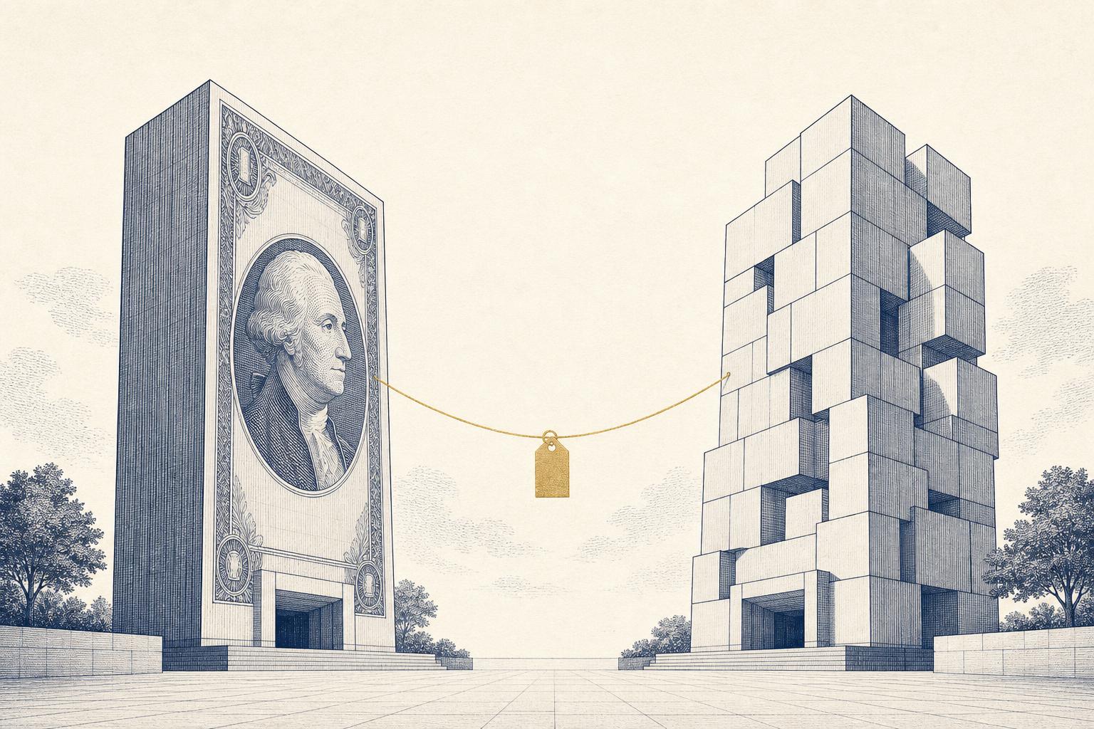 Editorial illustration of two towers linked by a gold thread over a plaza, suggesting a discounted equity deal