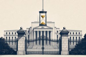 Illustration of a neoclassical central bank building behind a closed gate with a suspended hourglass, symbolizing a one-year registration pause