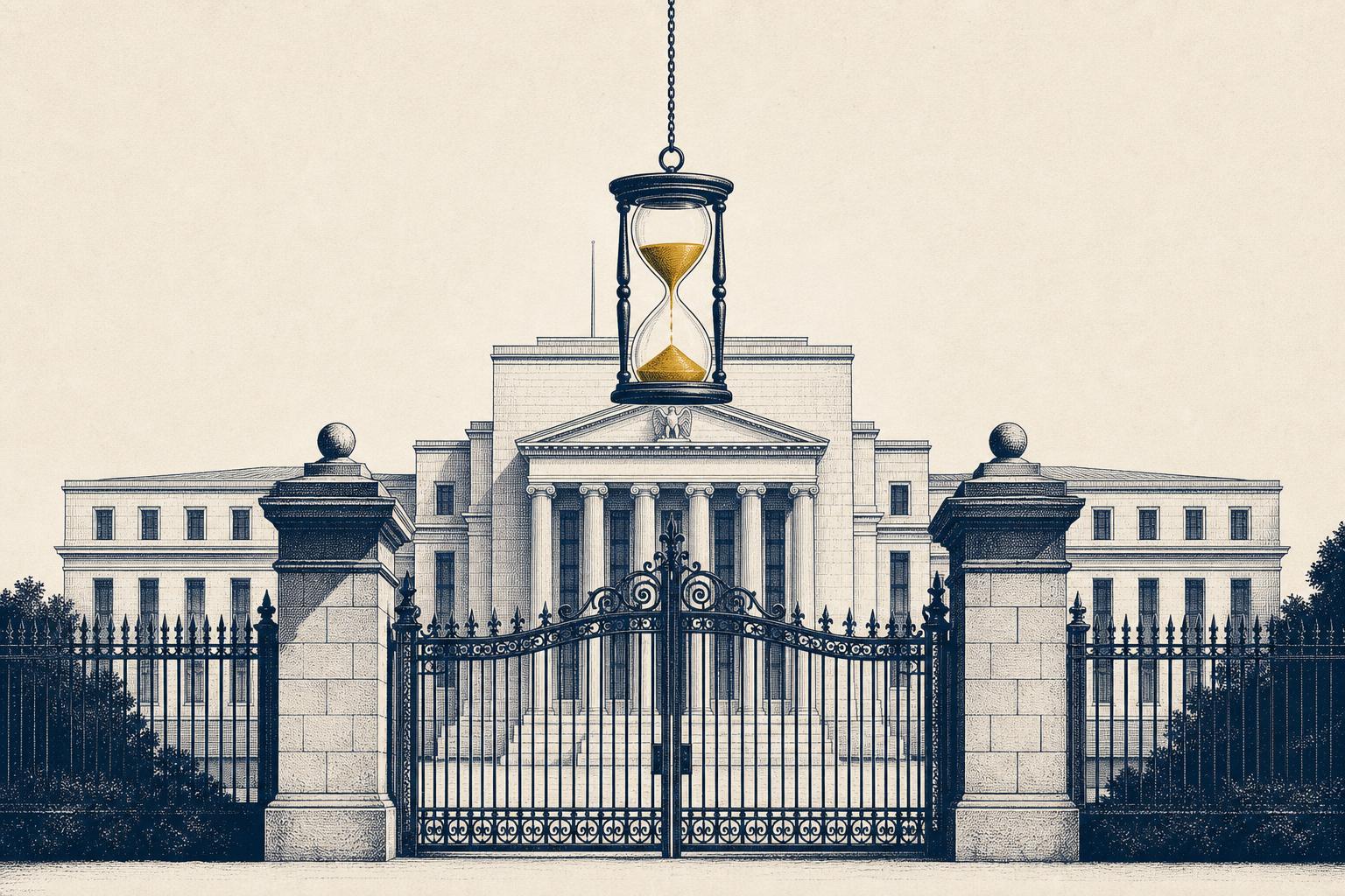 Illustration of a neoclassical central bank building behind a closed gate with a suspended hourglass, symbolizing a one-year registration pause