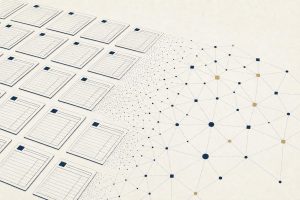 Illustration of record cards linked into a distributed network of nodes