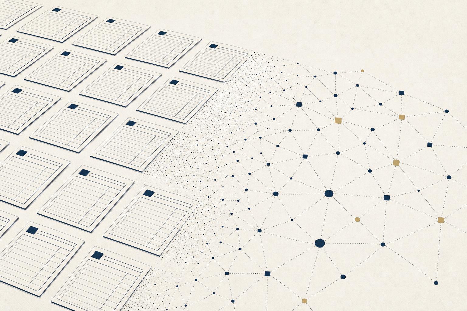 Illustration of record cards linked into a distributed network of nodes