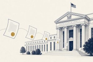 Illustration of official documents traveling from a federal agency building toward a government portico, in a flat financial-daily style