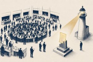 Illustration of a market surveillance theme: a single contract slip set apart from a trading floor under a sweeping watchtower beam