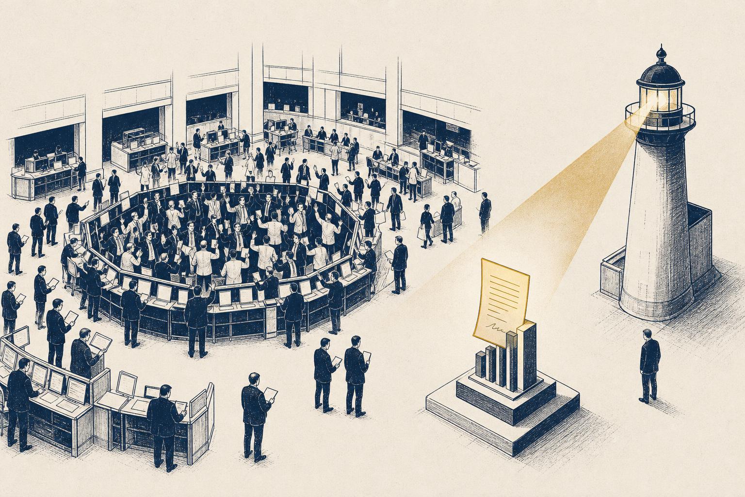 Illustration of a market surveillance theme: a single contract slip set apart from a trading floor under a sweeping watchtower beam