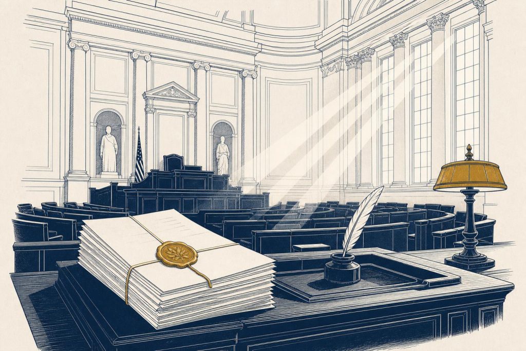 Editorial illustration of a legislative chamber with a stack of sealed documents on a clerk's desk
