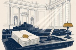 Editorial illustration of a legislative chamber with a stack of sealed documents on a clerk's desk