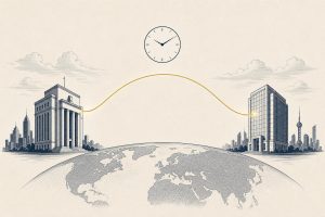 Editorial illustration of two bank towers connected by a gold thread arcing over a globe, symbolizing a weekend cross-border payment settled in minutes
