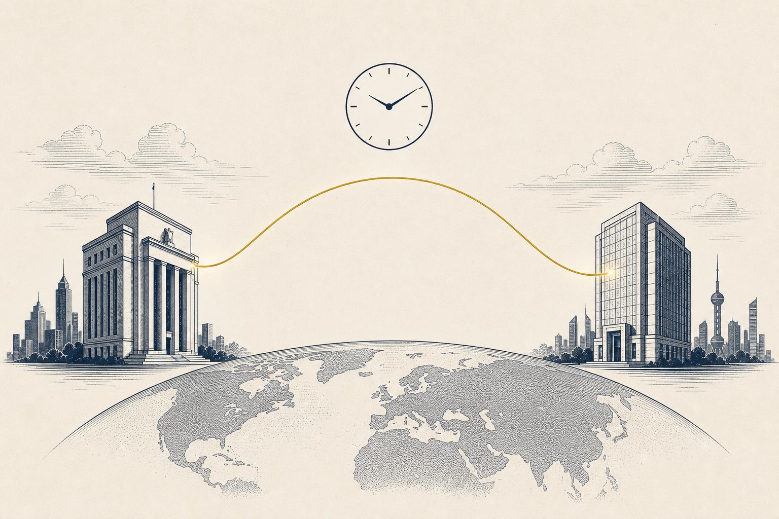 Editorial illustration of two bank towers connected by a gold thread arcing over a globe, symbolizing a weekend cross-border payment settled in minutes