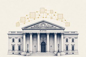 Editorial illustration of a neoclassical central bank building with a golden lattice of connected ledger nodes floating above its portico