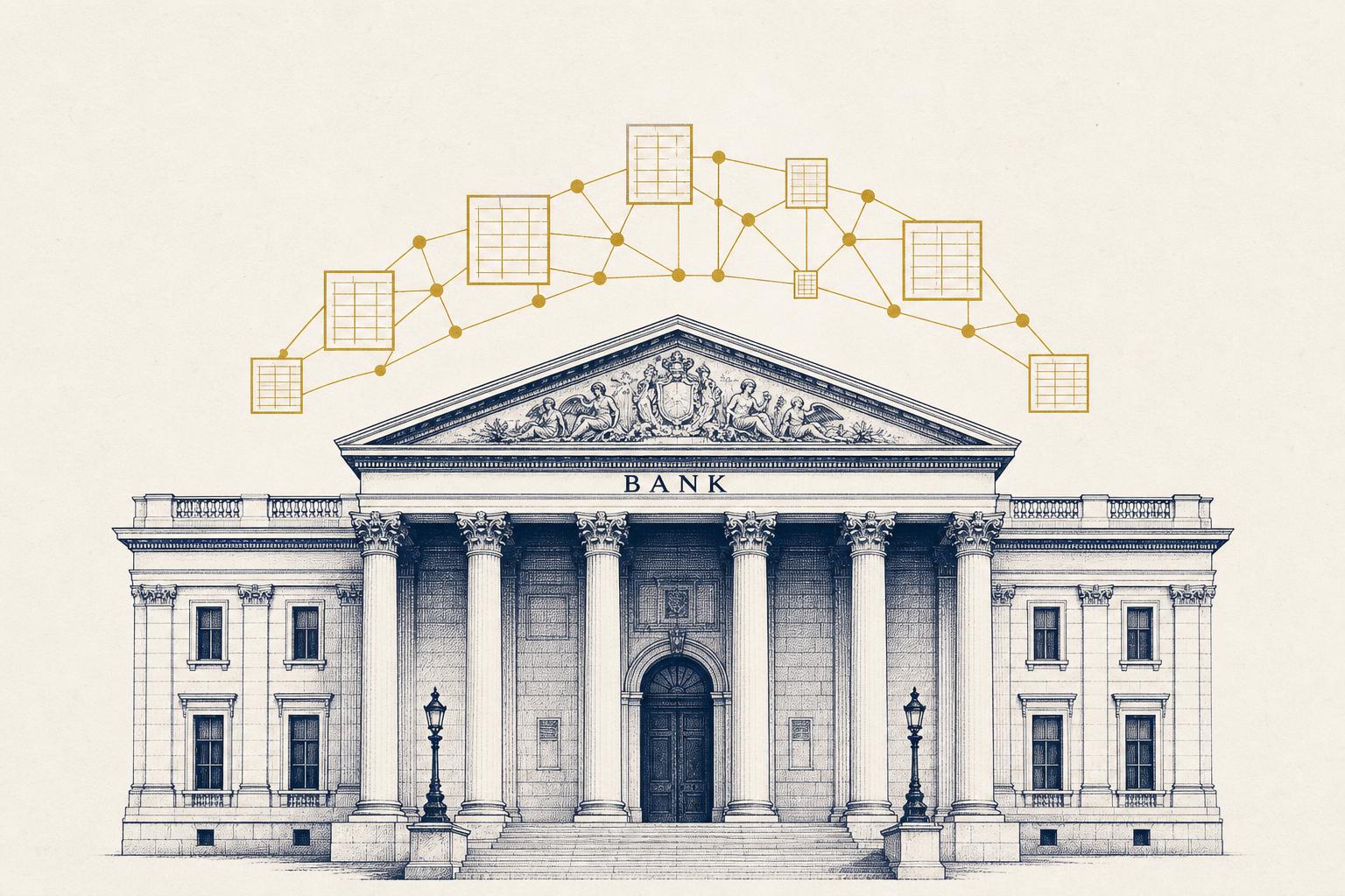 Editorial illustration of a neoclassical central bank building with a golden lattice of connected ledger nodes floating above its portico