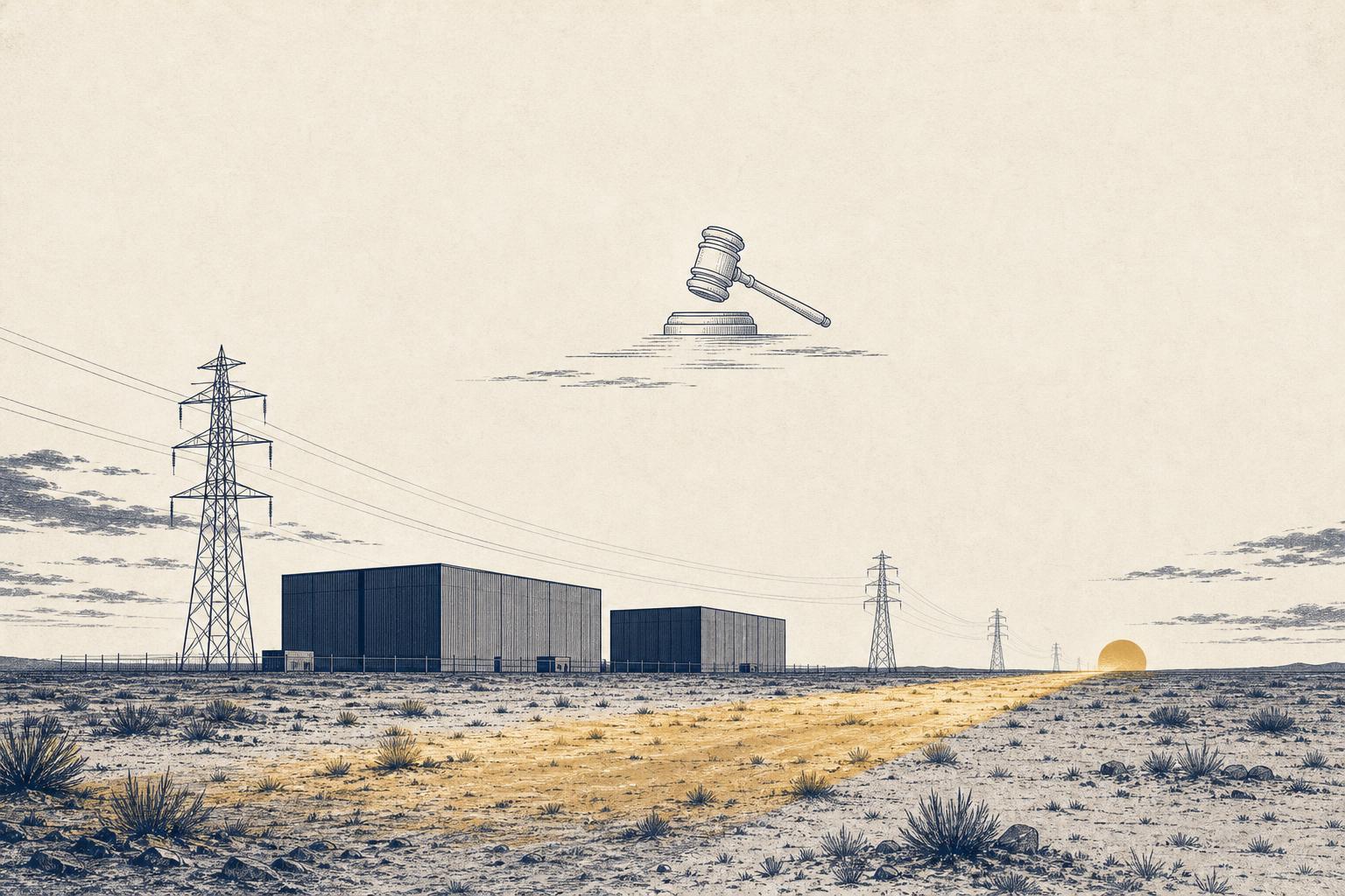 Illustration of two data-center buildings beside transmission pylons on a West Texas flatland at dusk, rendered in flat editorial line work