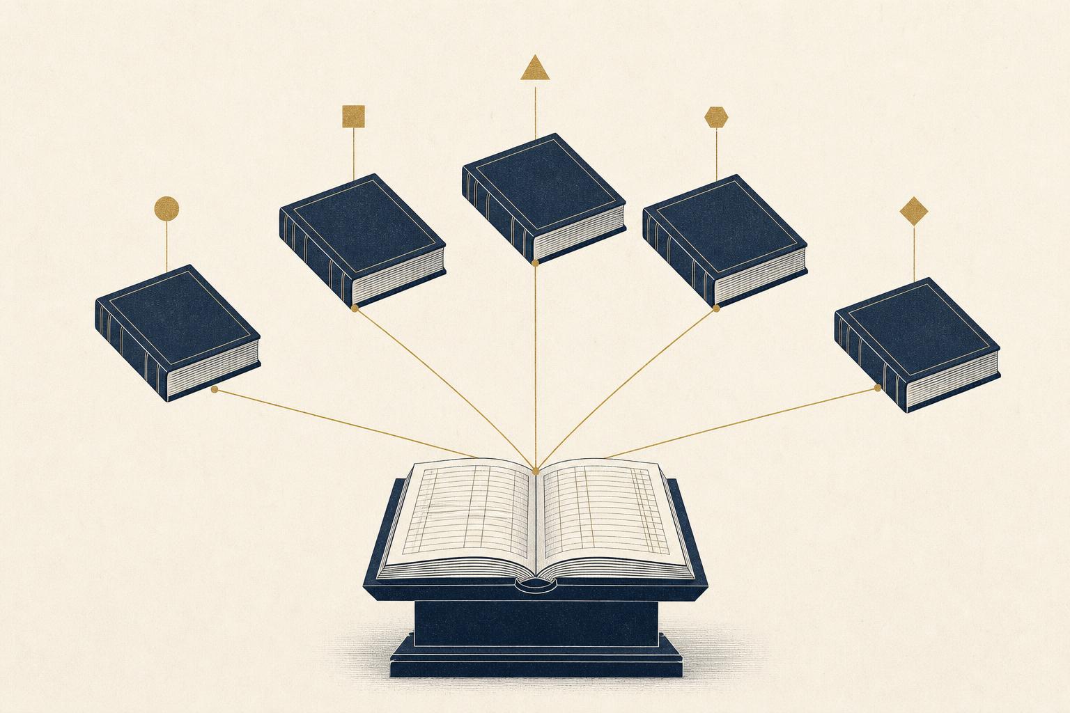 Illustration of five ledgers converging on a central registry, symbolizing the tokenized-securities standards coalition
