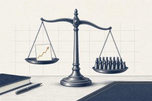 Editorial illustration of a balance scale weighing a drifting value against liquidity on one side