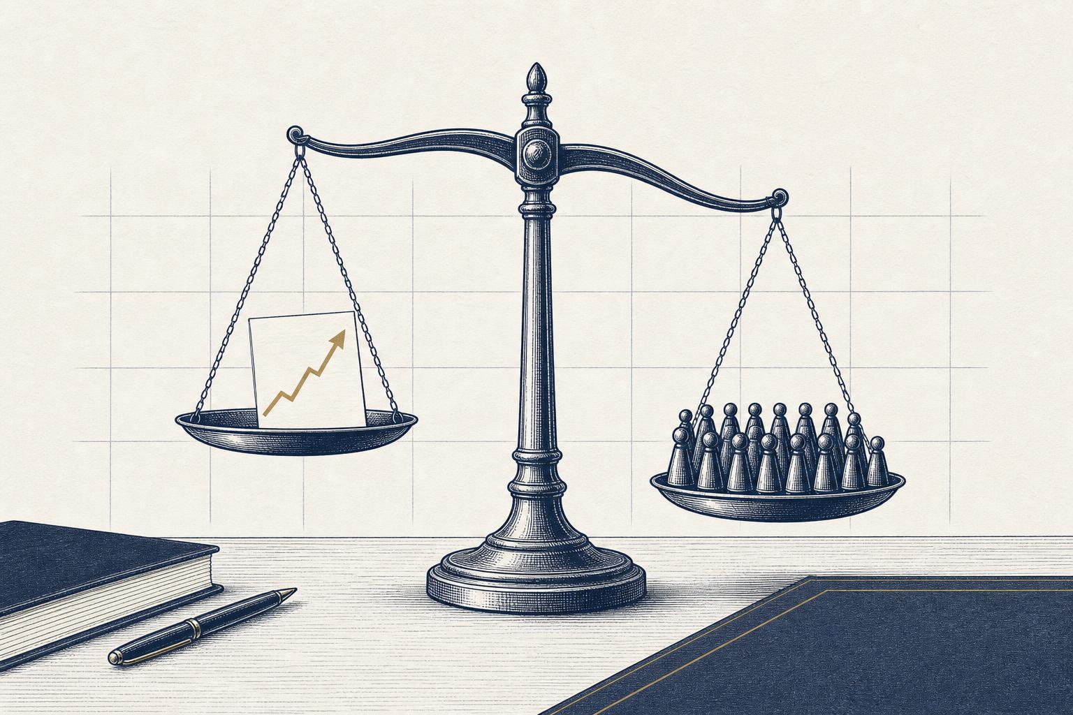 Editorial illustration of a balance scale weighing a drifting value against liquidity on one side