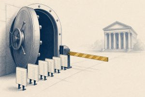Editorial illustration of a vault gate blocking a queue of ledger cards, with a distant stock exchange facade