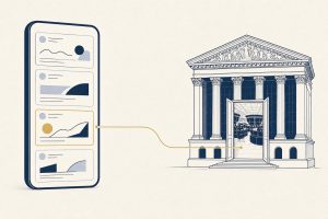 Editorial illustration of a social feed panel connected by a gold line to a trading floor building
