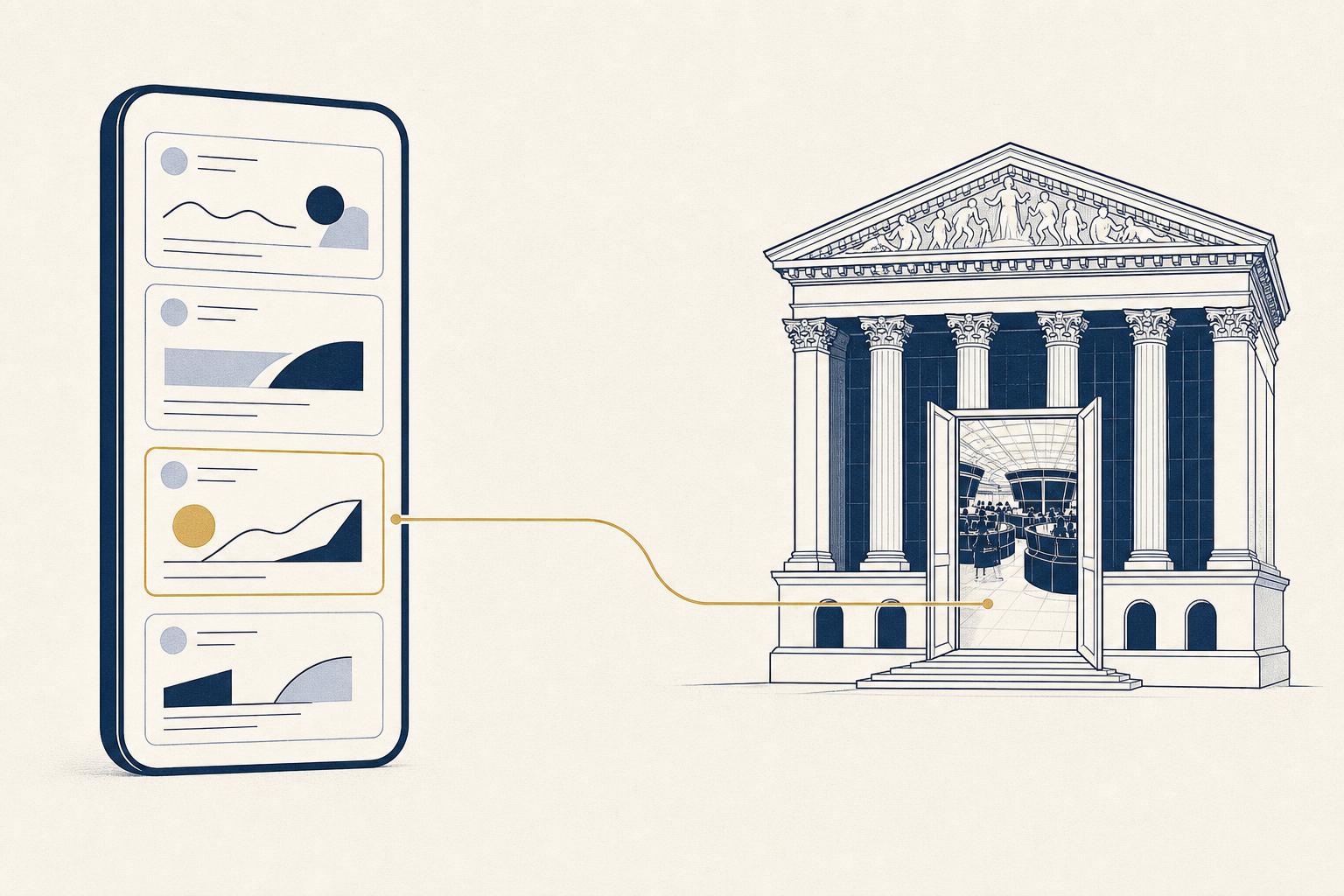 Editorial illustration of a social feed panel connected by a gold line to a trading floor building