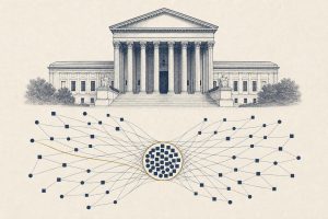 Courthouse with columns and a net gathering scattered squares and circles into one cluster, drawn in navy ink with a gold strand on cream paper
