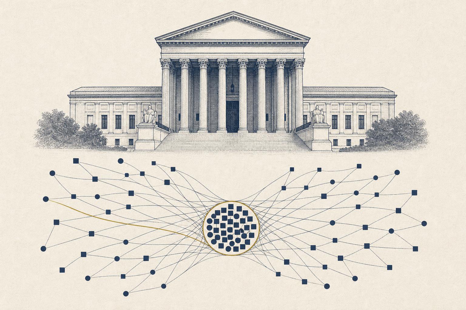 Courthouse with columns and a net gathering scattered squares and circles into one cluster, drawn in navy ink with a gold strand on cream paper