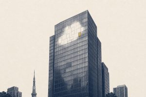 Illustration of a Tokyo office tower with window panes erased, representing a cut executive stock pool