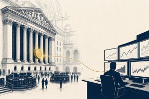 Illustration of a classical stock exchange hall linked to a modern trading terminal by a golden token