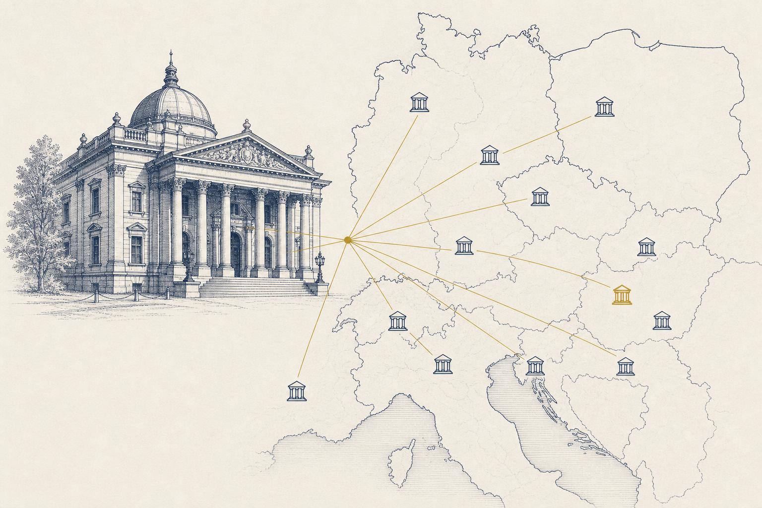 Illustration of a classical European bank building connected by a gold network line to branch markers across Central Europe