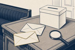 Two sealed envelopes on a dispatch desk beside a ballot box, one examined under a magnifying glass
