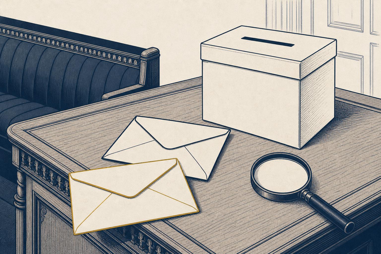 Two sealed envelopes on a dispatch desk beside a ballot box, one examined under a magnifying glass