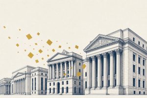 Editorial illustration of classical bank buildings absorbing floating token shapes, drawn in a financial-daily style