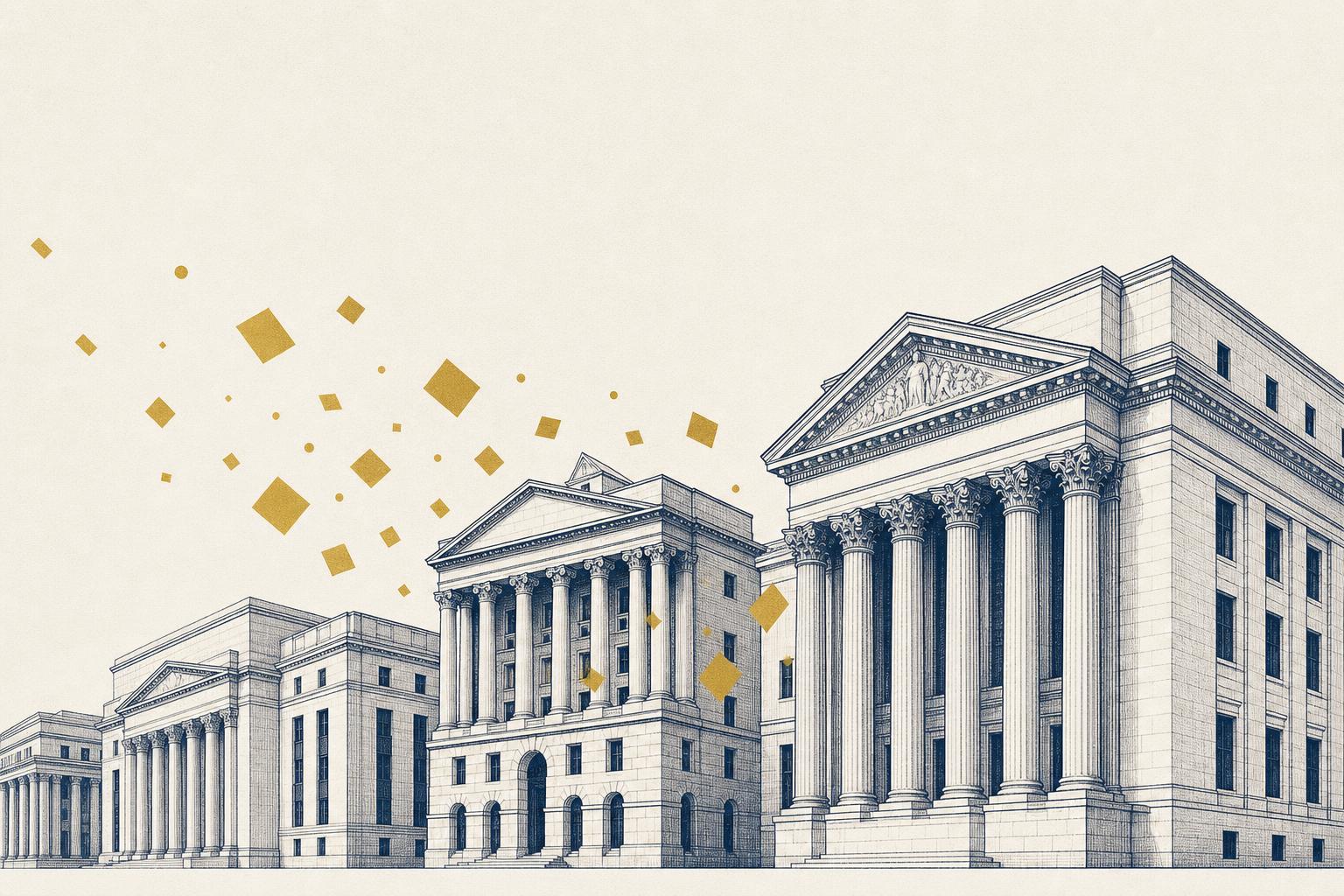 Editorial illustration of classical bank buildings absorbing floating token shapes, drawn in a financial-daily style