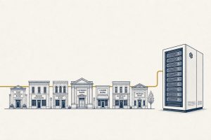 Illustration of small-town bank buildings connected by a shared payments rail feeding into modern payments infrastructure