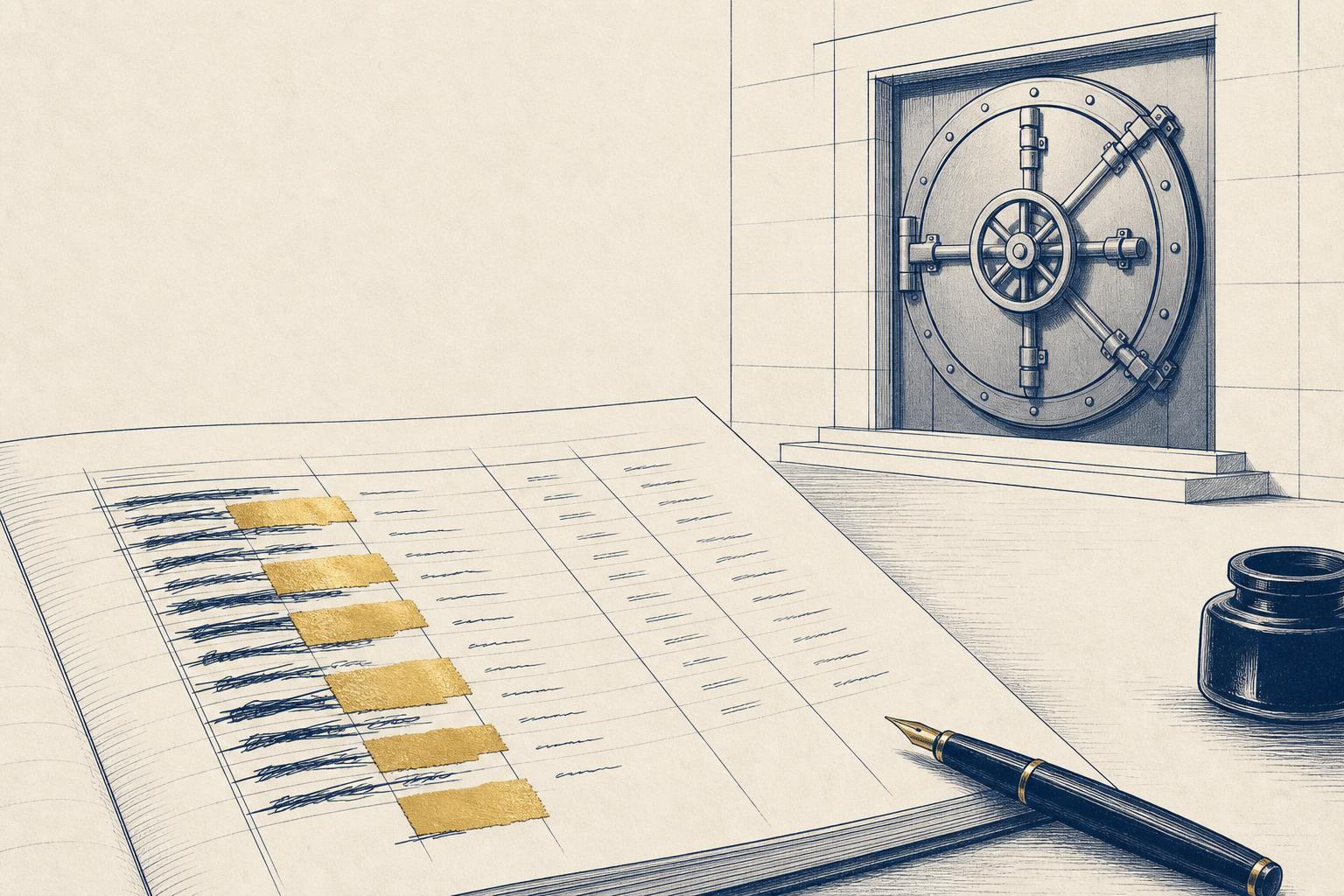 Illustration of a ledger being repaired with gold ink while a vault stands closed