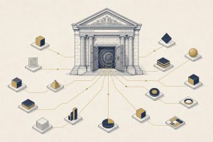 Illustration of a classical bank vault building connected by gold lines to floating financial tokens, in a flat financial-daily editorial style