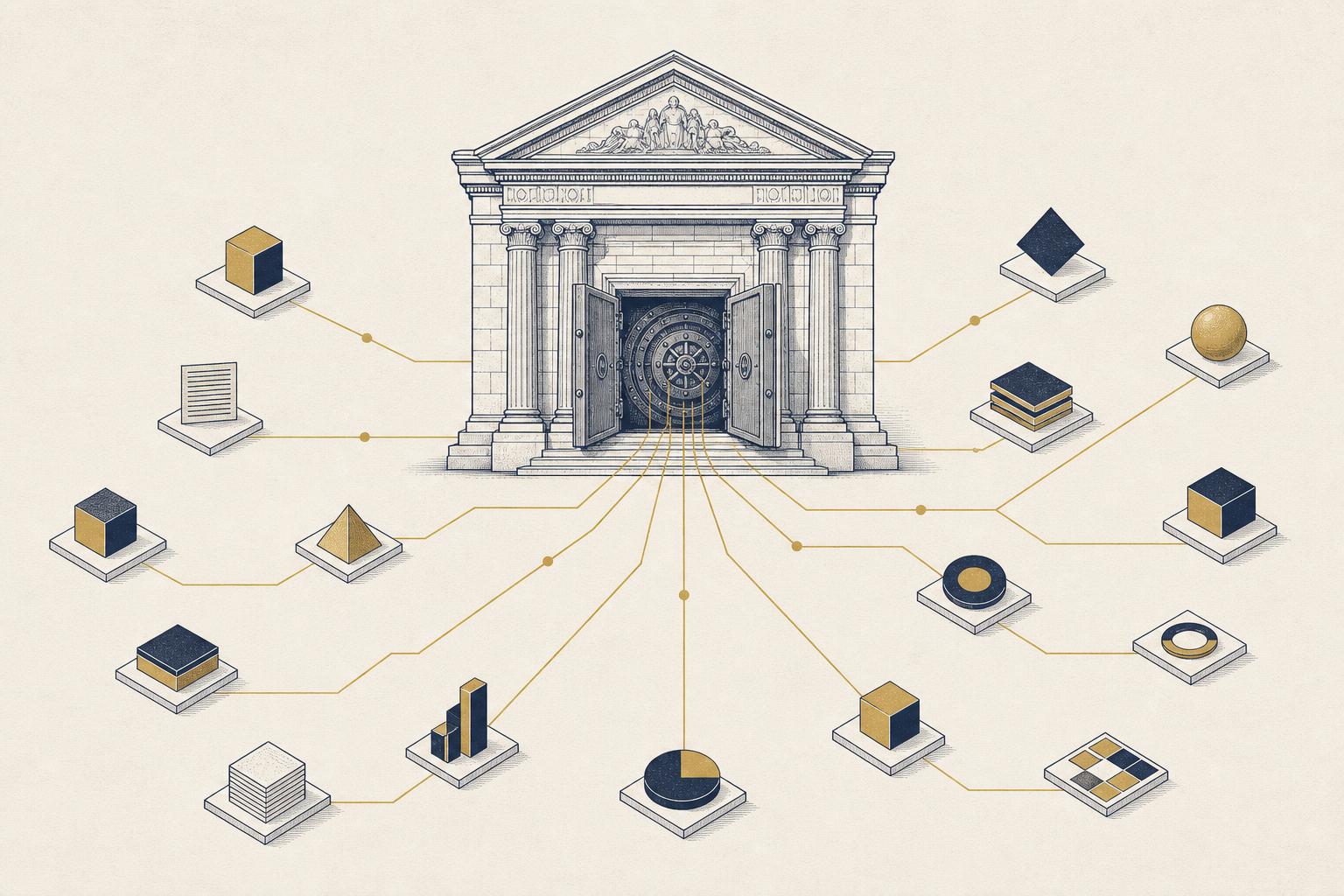Illustration of a classical bank vault building connected by gold lines to floating financial tokens, in a flat financial-daily editorial style