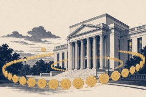 Editorial illustration of a government building with a continuous ring of tokens suggesting round-the-clock trading