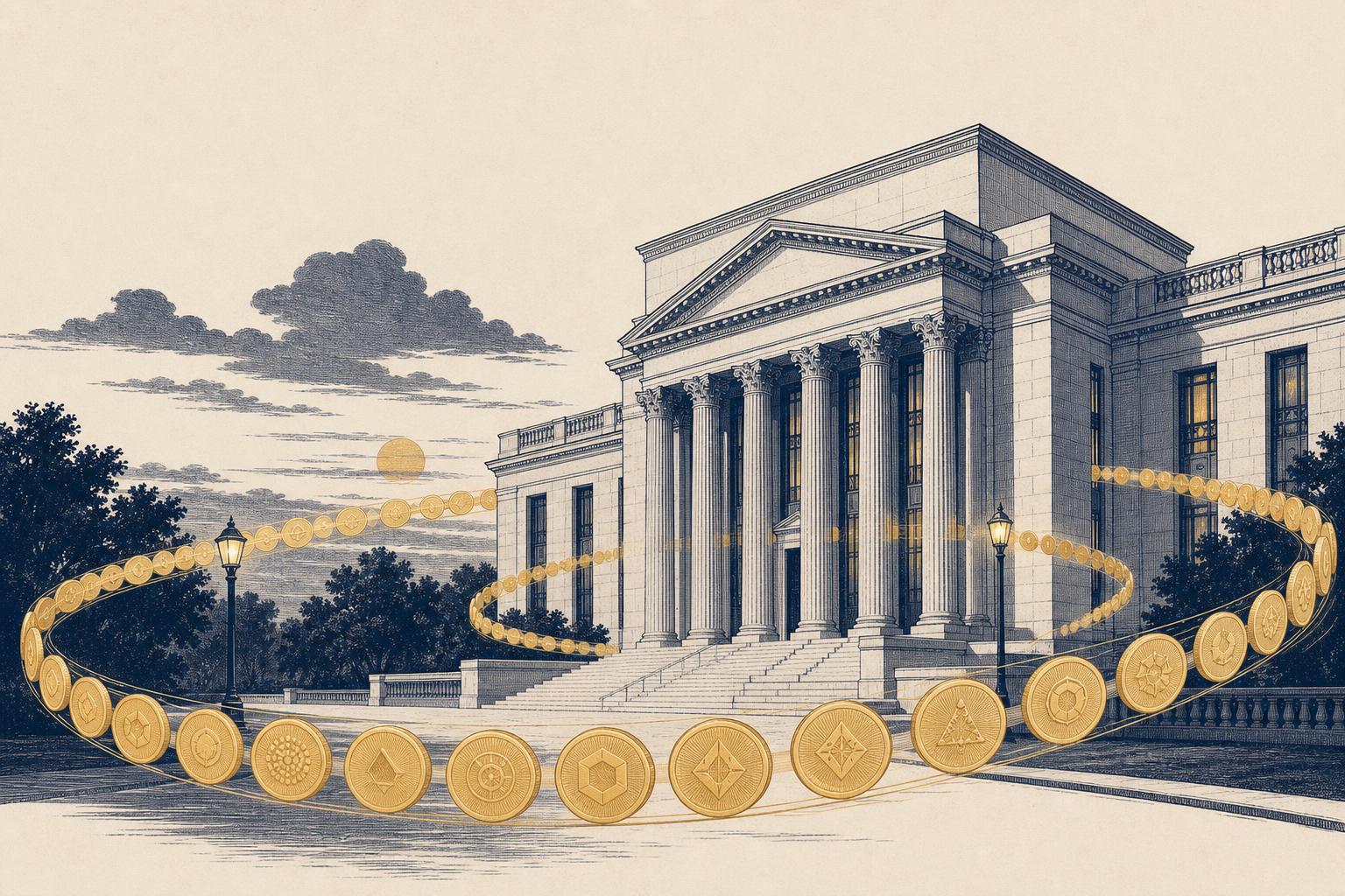 Editorial illustration of a government building with a continuous ring of tokens suggesting round-the-clock trading
