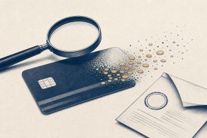 Illustration of a credit card under a magnifying glass as its rewards dissolve into coins