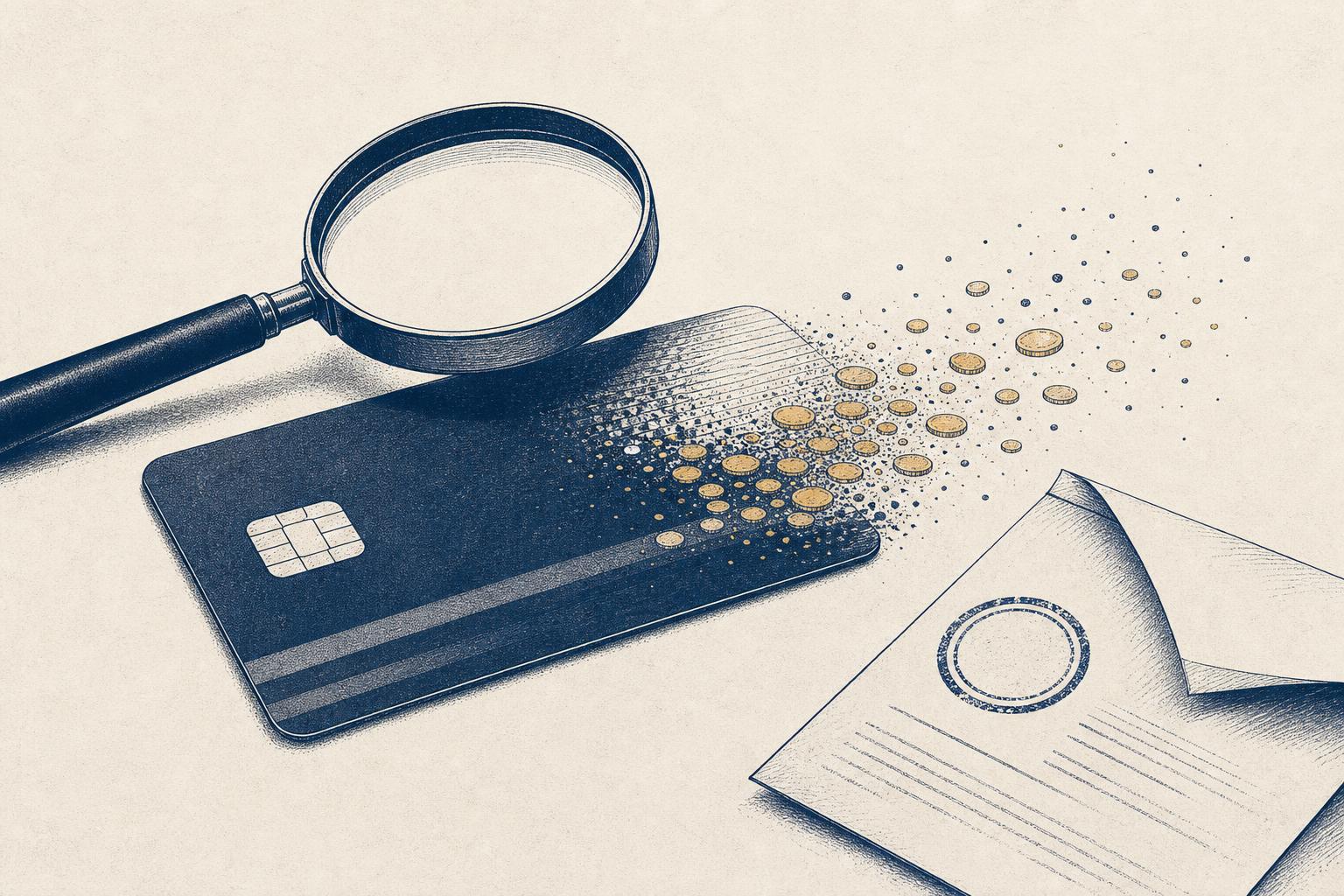 Illustration of a credit card under a magnifying glass as its rewards dissolve into coins