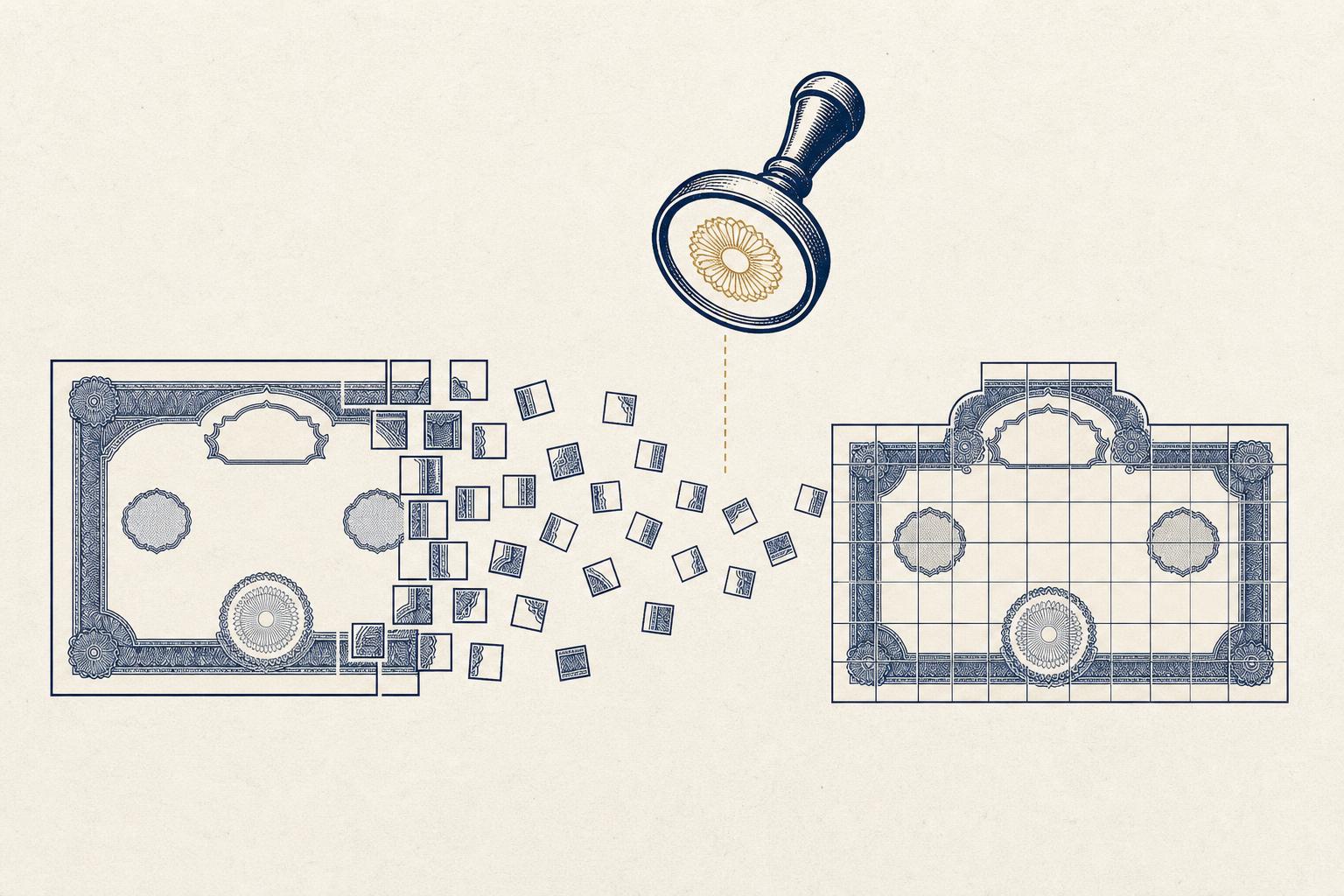 Illustration of a paper stock certificate being rebuilt tile by tile under inspection