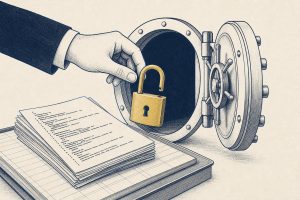 Editorial illustration of an open padlock and code documents being placed inside a vault, symbolizing corporate ownership of open-source security code