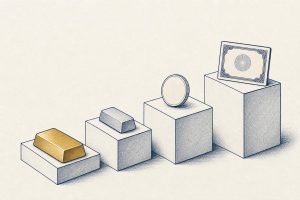 Editorial illustration of stacked abstract commodity forms on rising pedestals in ink navy and gold on off-white paper