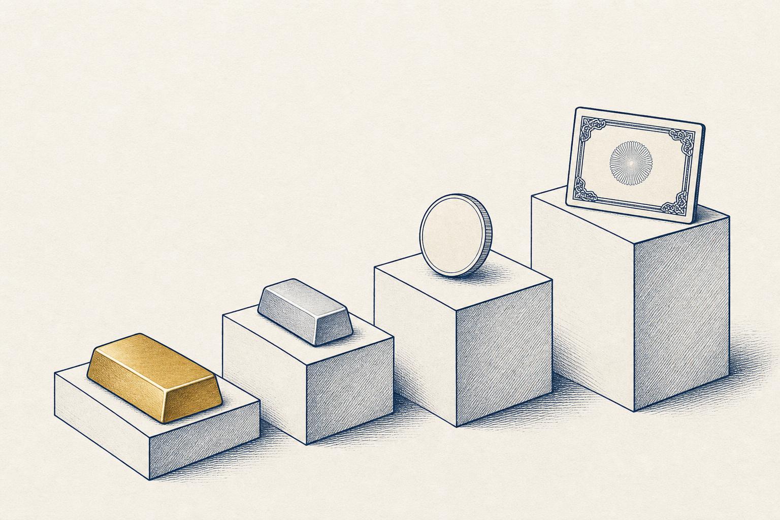 Editorial illustration of stacked abstract commodity forms on rising pedestals in ink navy and gold on off-white paper
