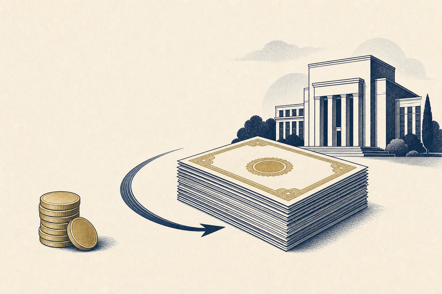 Editorial illustration of preferred share certificates being drawn back toward the issuing company, with a small pile of coins beside them