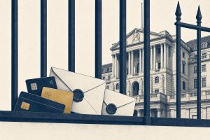 Editorial illustration of payment cards and sealed envelopes behind a barred line, symbolizing sanctions freezing financial channels