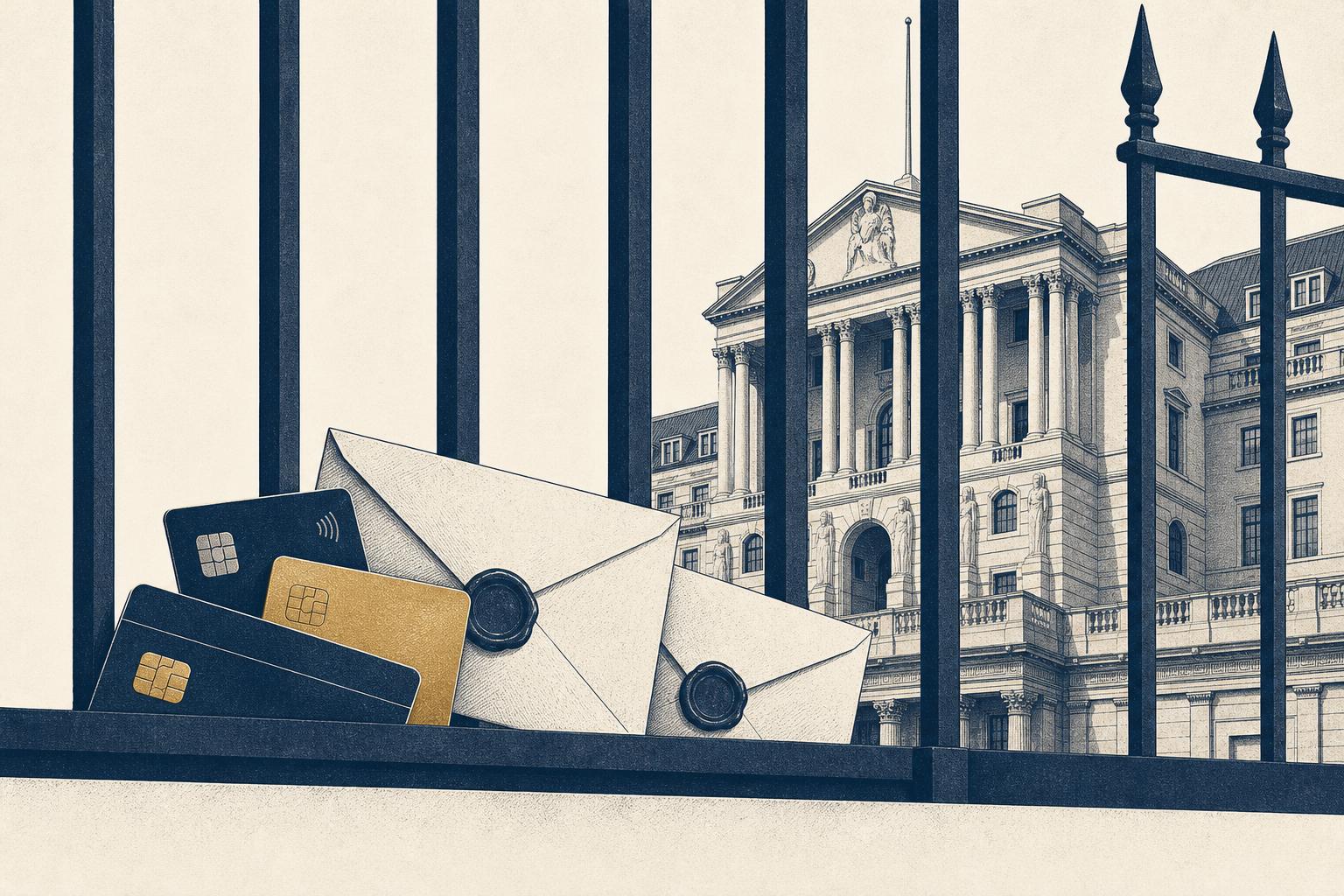 Editorial illustration of payment cards and sealed envelopes behind a barred line, symbolizing sanctions freezing financial channels
