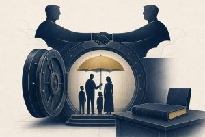 Editorial illustration of institutional protection over family wealth, in a flat financial-daily style